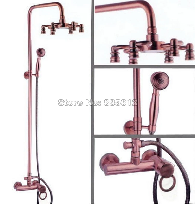 

Antique Red Copper Wall Mounted Bathroom Rainfall Shower Single Handle Faucet Set with Handheld Shower Wrg012