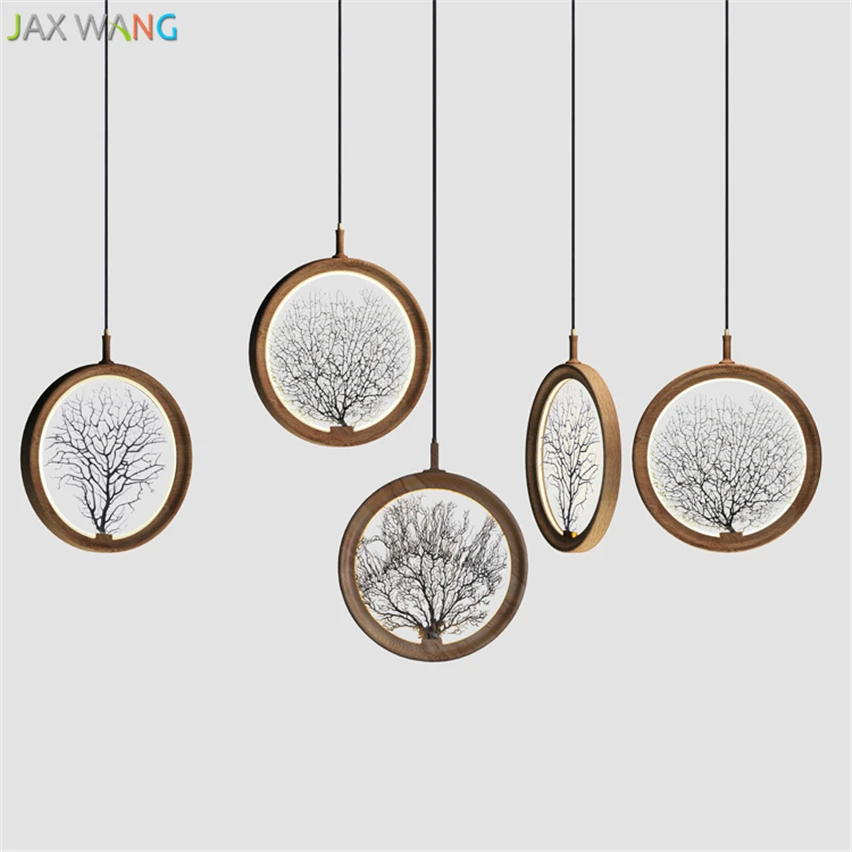 

Chinese Style Creative Minimalist Round Wood LED Pendant Lights Wooden Hang Lamp for Living Room Restaurant Cafe Lighting Decor
