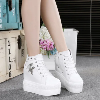 Fashion Autumn High Heel Casual Shoes Canvas Women Shoes Lace-Up Breathable Women Sneakers Zipper Platform Ladies Shoes Women - Цвет: White