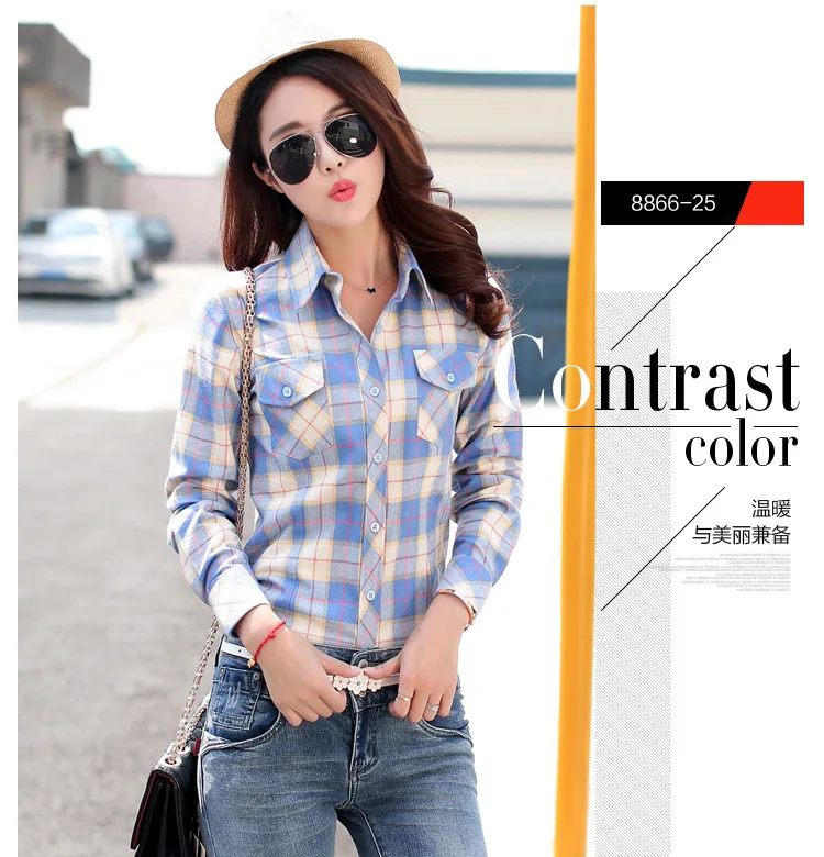 Blusa xadrez de flanela feminina, camisa casual