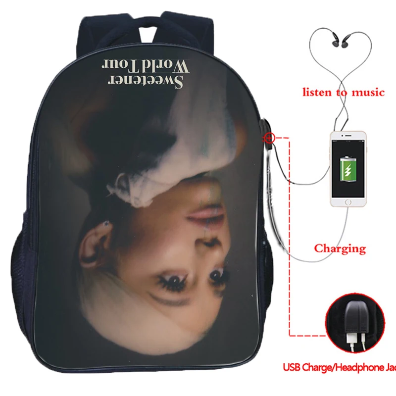 

Ariana Grande USB Charge Backpack School Rucksack Fashion Laptop Backpack Beautiful Men Women Boys Girls School Bag Travel Bag