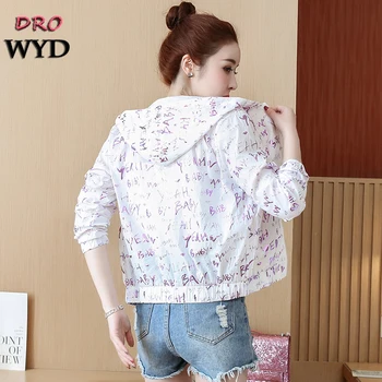 

Summer Thin Hooded Print Jacket Women Casual Loose Long Sleeve Pocket Female Bomber Jacket Fashion Sunscreen Cardigan Short Coat