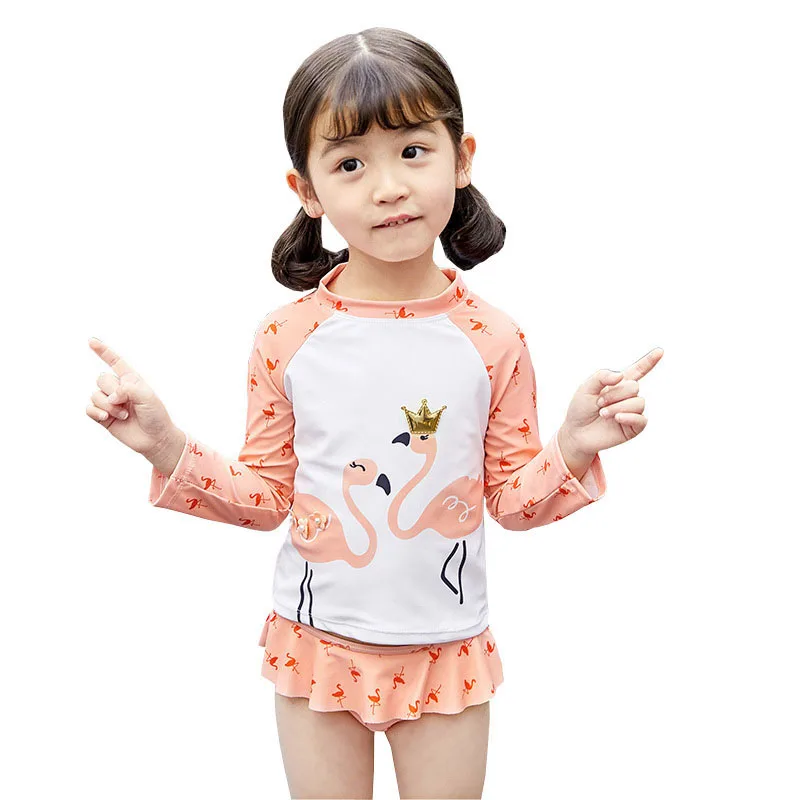 Купить GI FOREVER 3-7 Year Girl Two Pieces Suit Children Cute Flamingo Swimsuit 2019 Kid Long Sleeve Skirted Swimwear Bathing  Спорт и | One-Piece Suits (33016927458)