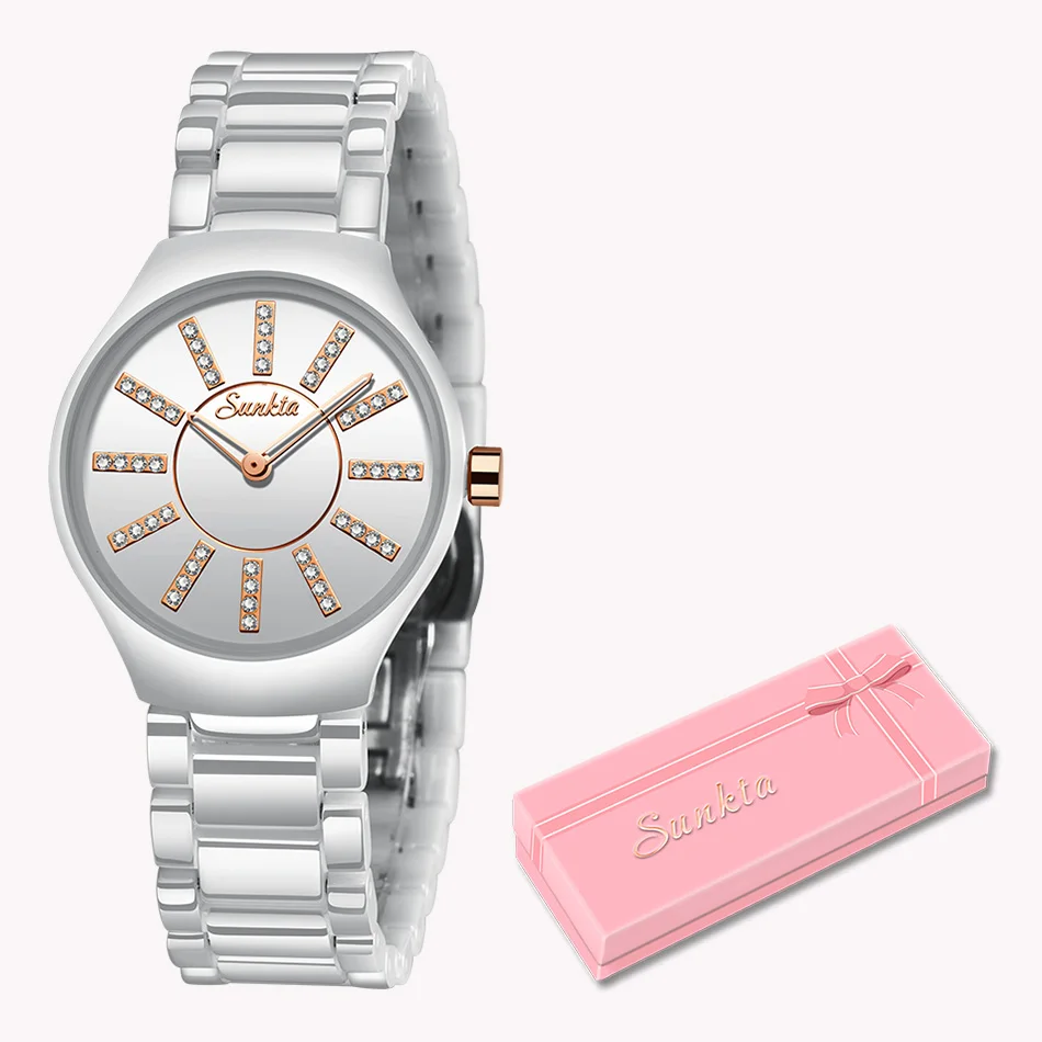 SUNKTA Relogio Feminino женские часы Лидирующий бренд Роскошные модные водонепроницаемые часы с бриллиантами Женские Простые керамические кварцевые часы+ коробка - Цвет: White rose gold