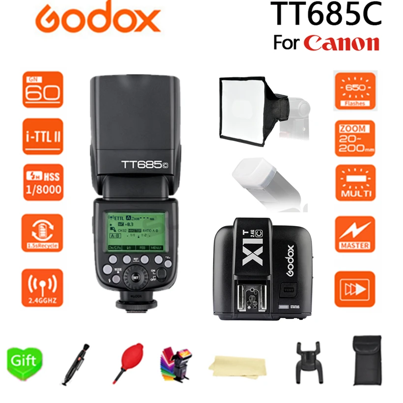 

Godox TT685C 2.4G HSS E-TTL X-System Speedlite Flash + X1T-C TTL Trigger For Canon EOS 70D 60D 5D2 5D3 6D 7D 650D 700D Camera