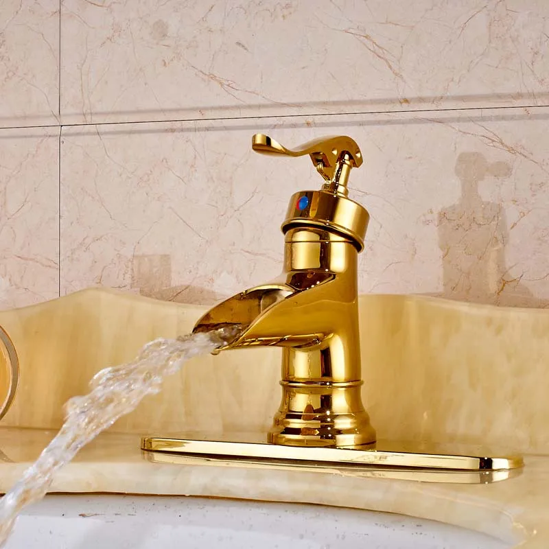 

Free Shipping Golden Bathroom Sink Faucet Deck Mounted Single Handle Mixer Tap With Cover Plate