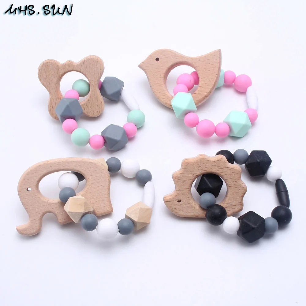 

MHS.SUN 1PC Wooden Baby Bracelet Cute Animal Teething Toy For Baby Organic Wood Silicone Beads Baby Rattle Stroller Accessories
