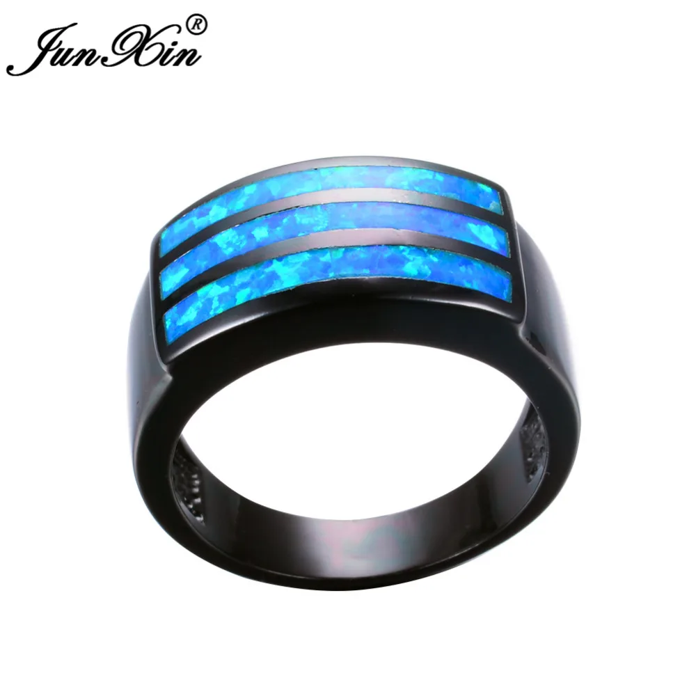 

JUNXIN Vintage Jewelry Male Female Geometric Blue Fire Opal Ring Black Gold Filled Wedding Engagement Rings For Men And Women