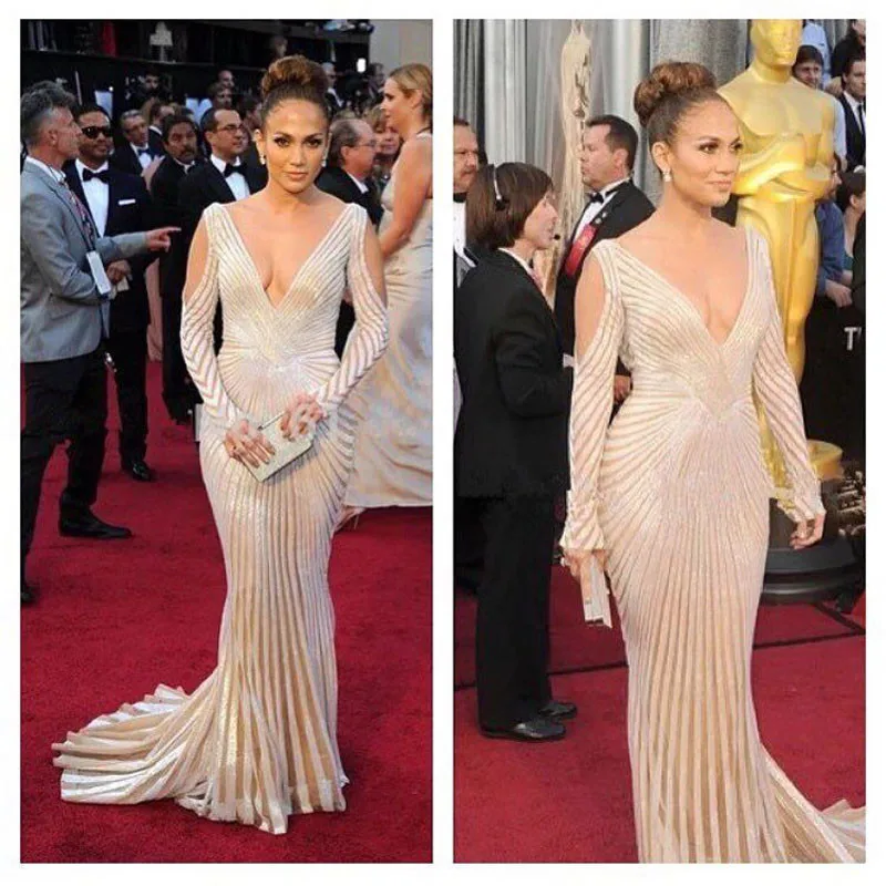 Sexy-V-Neck-Long-Cutaway-Sleeves-Mermaid-Celebrity-Dresses-Plunging-Neckline-Sweep-Train-Floor-Length-Red