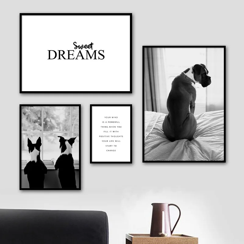 Black White Bulldog Dreams Wall Art Canvas Painting Nordic Posters And Prints Animals Wall Pictures For Living Room Home Decor