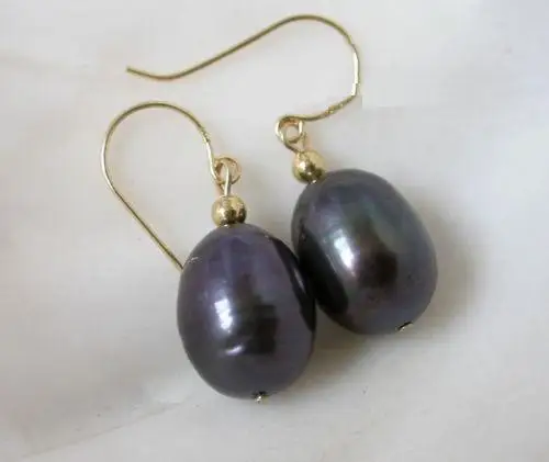 

free shipping 13377 hot sell natural AAA+ south sea black 12-14mm pearl dangle earrings 14K