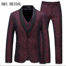 H& S свадебные бордовые мужские официальные костюмы Женихи мужские Slim Fit цветочный узор 3 шт. мужские свадебные костюмы Жених одежда смокинги