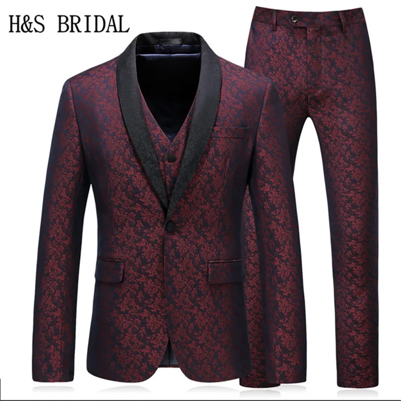 

H&S BRIDAL Burgundy Men Formal Wear Groomsmen Slim Fit Flower Pattern 3 Pieces Men Wedding Suits Groom Wear Tuxedos
