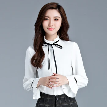 

Classic Printed Lady White Chiffon Shirts Plus Size S-3XL OL Fashion Clothing 2018 New Office Women Casual Blouses