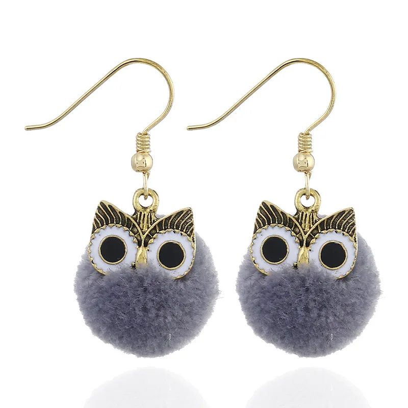 New 4 Colors Little Cute Hair Bulb Pompom cartoon Earrings fur ball Owl Earring