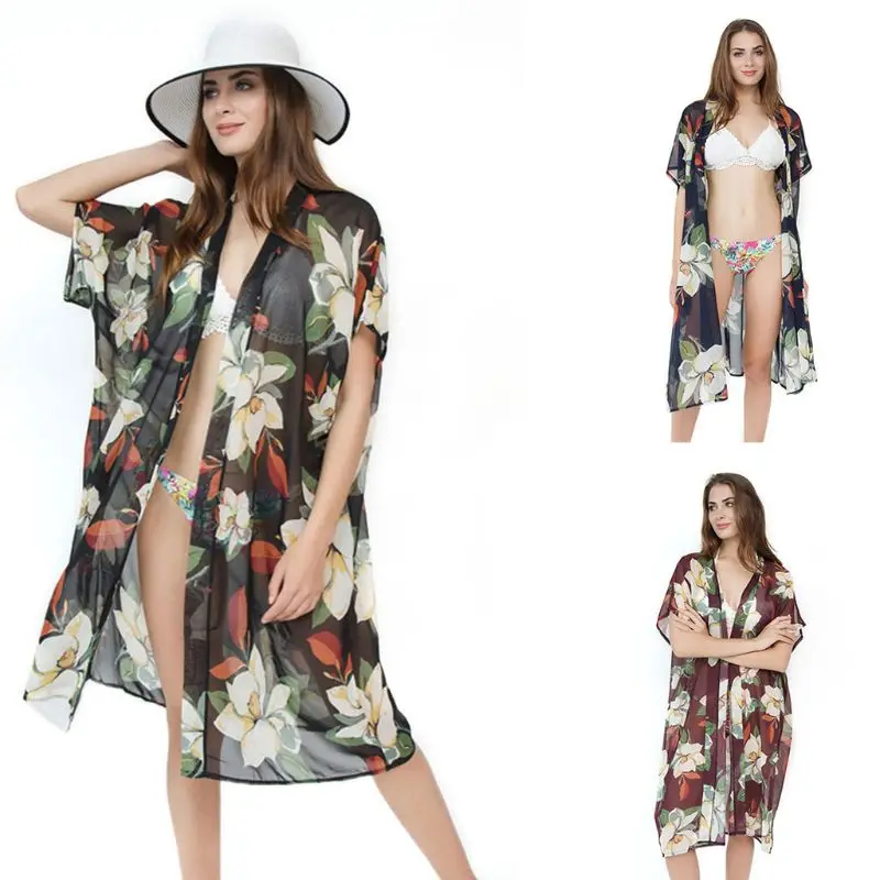 

Multifunctional Women Outdoor Summer Short Sleeves Swimsuit Cover Up Retro Dark Colored Large Floral Printed Kimono Cape Maxi Kn
