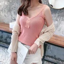 Плюс Размер кружевной свитер жилет Женская Кнопка v-образным вырезом на подтяжках вязаный нижний пуловер без рукавов