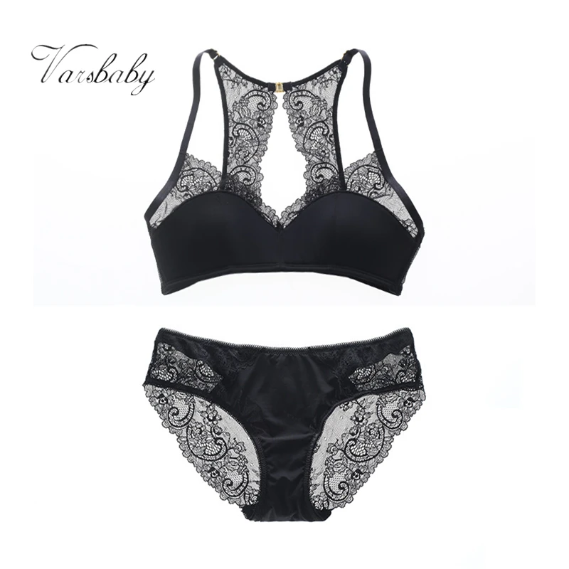 

Varsbaby comfortable thin section bra sets half cup sexy lace wire free underwear black for women