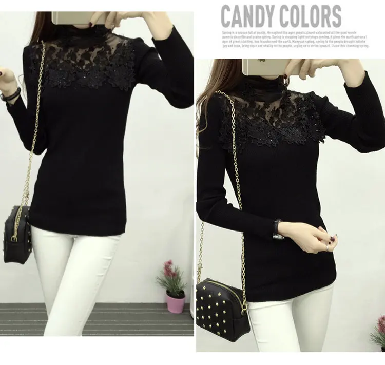 Autumn Winter Sweater Women 2019 Flower Lace Jumper Pull Femm Pink Knitted Sweater Casual Turtleneck Long Sleeve Sueter Mujer (13)