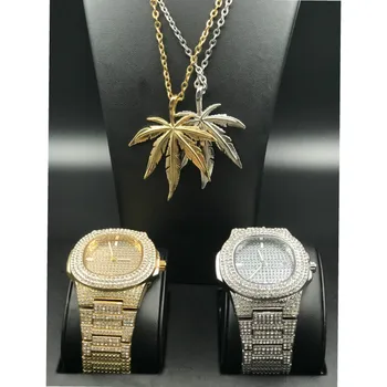 

Luxury Men Watch Men Leaf pendant Titanium Steel Men Watch & Necklace Combo Set Ice Out Cuban Cz Bling Rapper In Crystal For Men