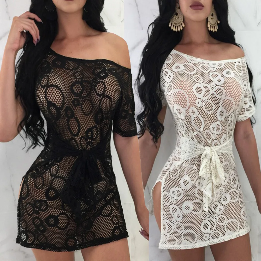 

Eurpean American Sexy Nightclub Lace Cutout See-Through Women Miniskirt Summer Cool Dew Shoulder C Ladies Girl Dresses