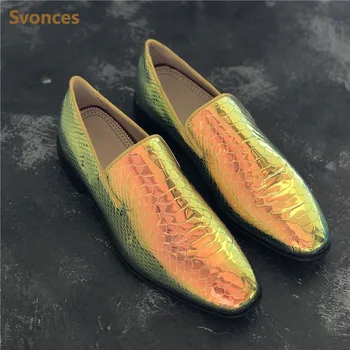 

Fashion Dressing Mens Shoes Colorful Snakeskin Pattern Low Heels Flats Loafers Man Casual Shoes Large Size Leather Shoes Man