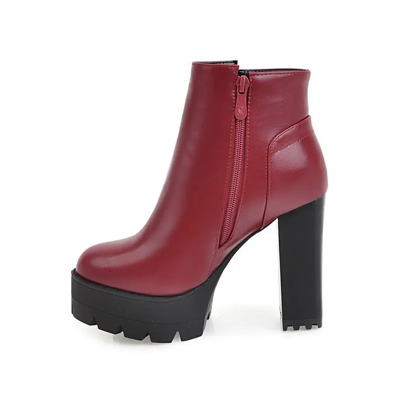Женская зимняя модная обувь; ботильоны на высоком толстом каблуке; женские ботинки на платформе с молнией; цвет белый, красный, черный