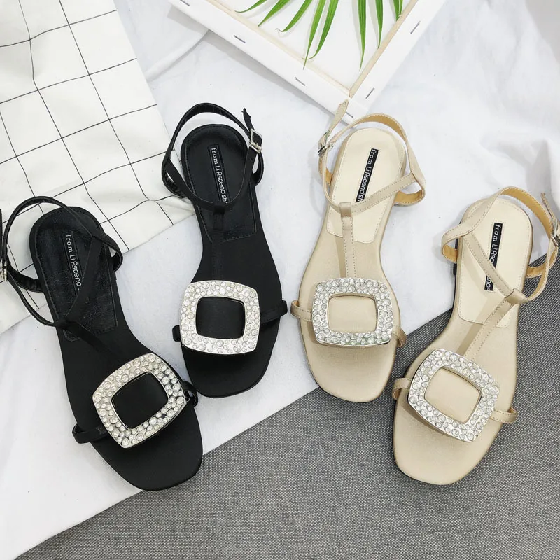 

Designer OL Ladies Slik Shoes Square Buckle Rhinestone Beach Sandals Female Women Ankle Strap Flat Sandalias Crystal Flipflops