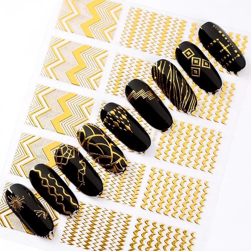

MEET ACROSS 1 sheet Gold Stripes 3D Nail Sticker Geometric Pattern Heart Star Wave Transfer Stickers DIY Nail Art Decoration