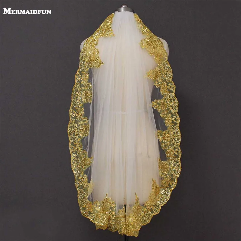

2019 New Real Photos Short Gold Lace White Ivory Tulle Wedding Veil Bling Sequins Lace Bridal Veil Accesorios Mujer