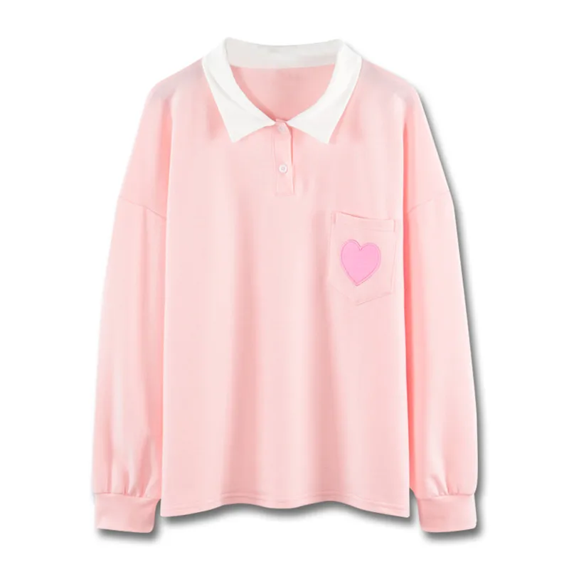 

Heart Embroidery T-shirts Turn Down Collar Long Sleeve T Shirt Spring Autumn Sweet Preppey Style Women T-shirt Tee Tops