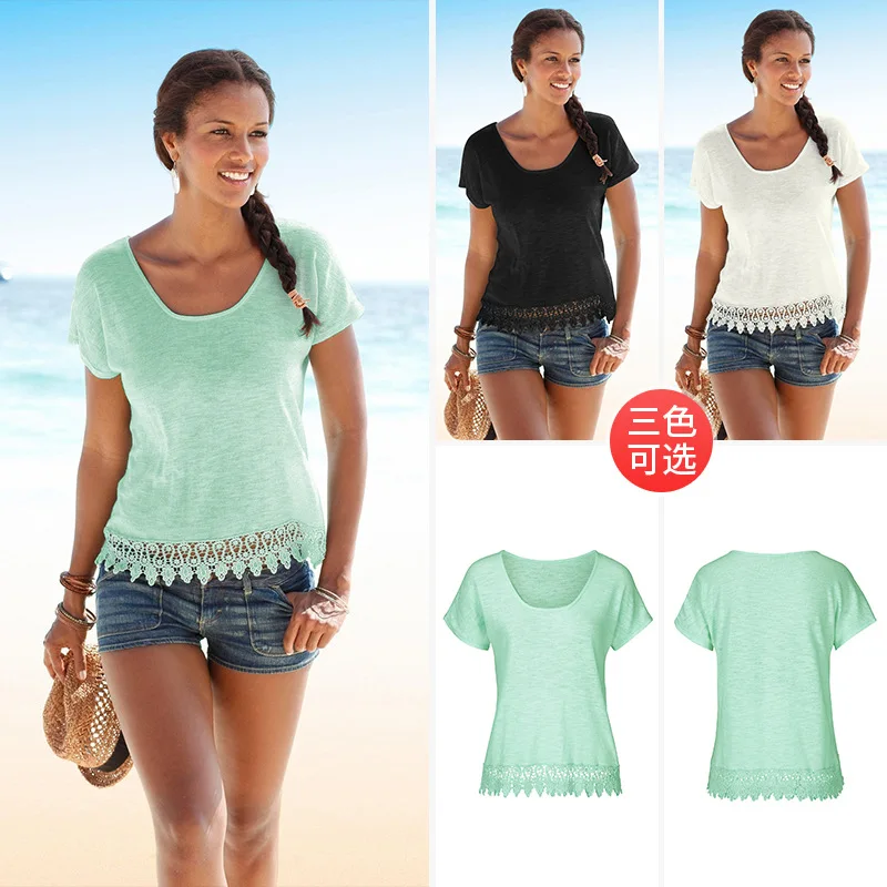 

Plus Size 2XL O Neck Short Sleeve Patchwork Hollow Out T Shirt Top 2019 Summer New Women Clothes Casual Slim Green Tee Top Femme