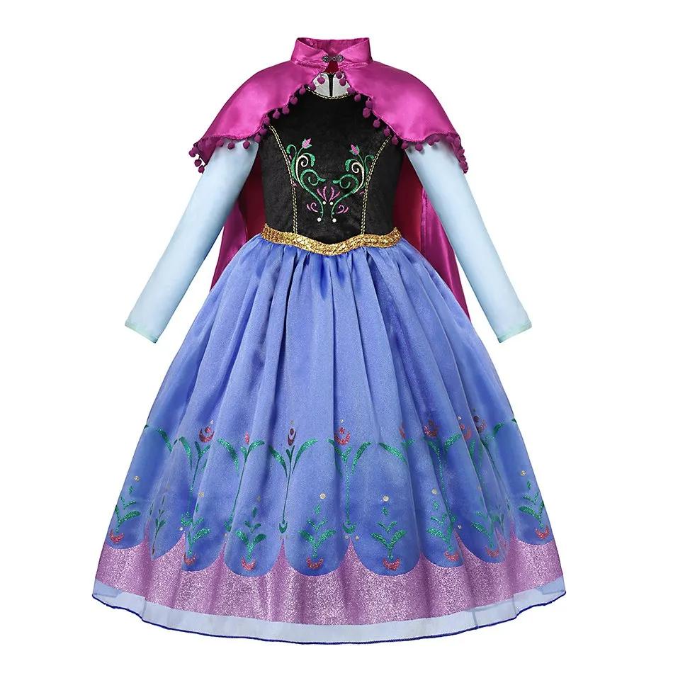 VOGUEON Deluxe Girls Anna Princess Costume Snow Queen Elsa Anna Dress Up Halloween Kids Cosplay Pageant Party Fancy Long Dress