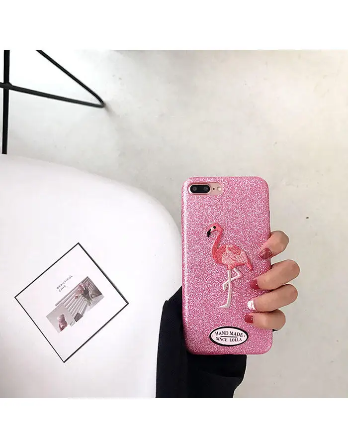 embroidery flamingo glitter sequins phone case for iPhone 6 6s 7 Plus (1)_