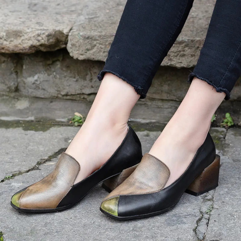 

Women Leather Pumps Gray 5 CM Chunky Heels Spring Shoes Lazy Slip On Pumps Women Office 2019 Handmade Genuin Leather Pumps Brand