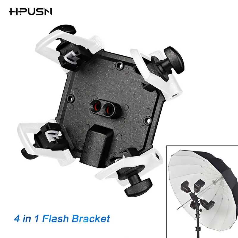 HPUSN 4 in 1 Triple Mount Adapter Support 4pcs Flash Speedlite w/ 2pcs Umbrella Hole Holder Light Stand hot Shoe Bracket | Электроника