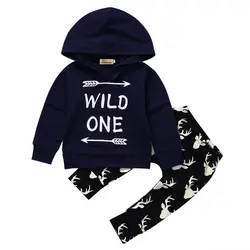 Одежда для маленьких мальчиков для новорожденных Для маленьких мальчиков с надписью Топы с капюшоном + длинные Лось Олень штаны
