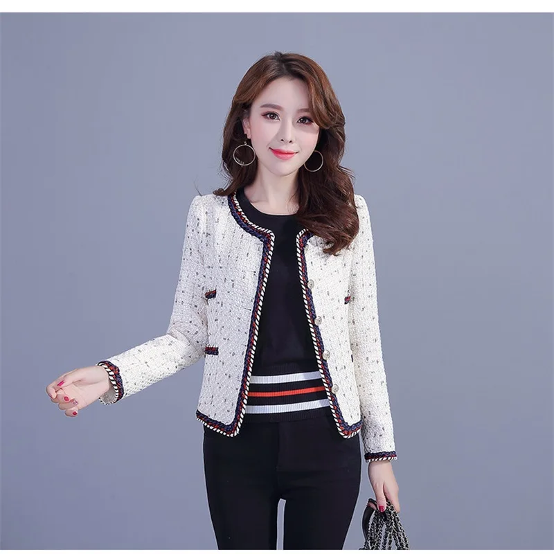 

high quality white tweed jacket autumn women's jacket new long-sleeved hit color ribbon metal buckle jacket