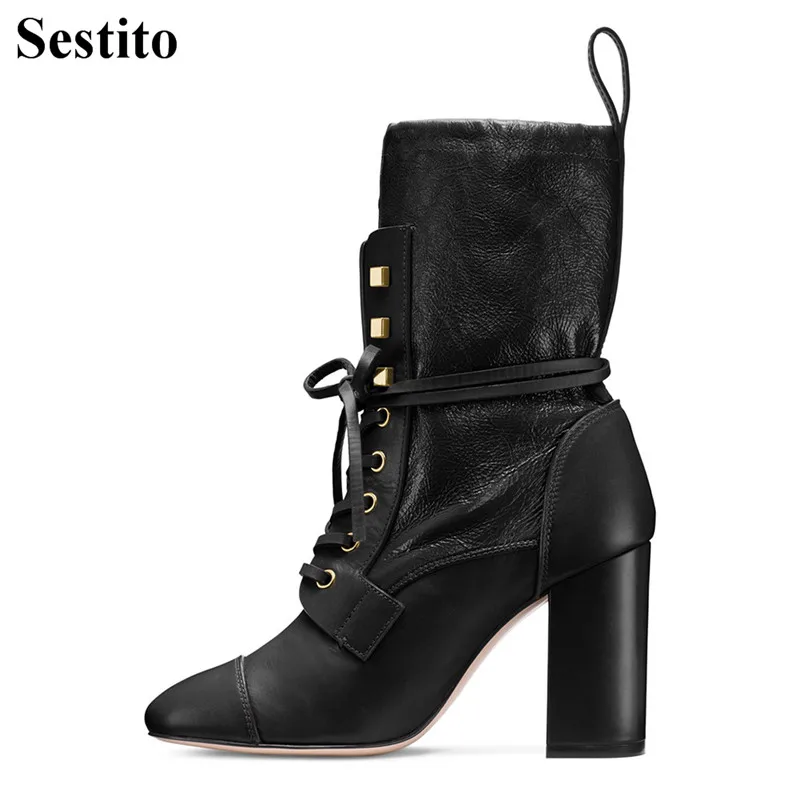 

2018 Newest European Cross-tied Black Woman Boots Pointed Toe High Heel Mid-Calf Boots For Women Hoof Heels Lace-up Women Shoes