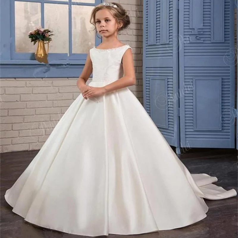 

White Satin Flower Girl Dresses For Weddings A-Line Holy First Communion Dresses Princess Pageant Party Dresses