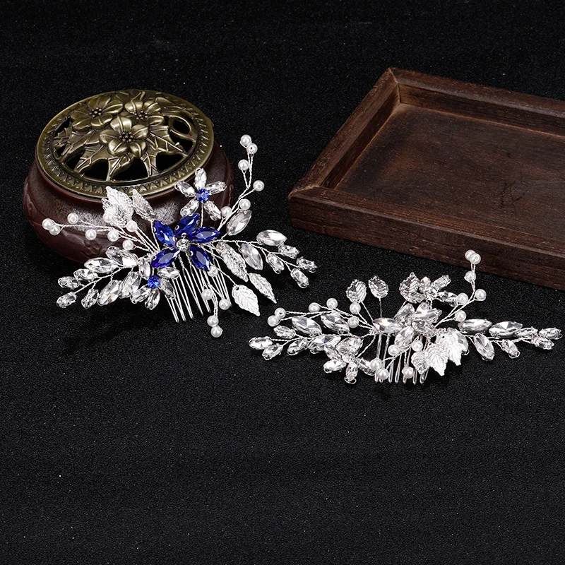 Серебряная тиара белый синий кристалл волос расчески жемчужное украшение на голову в форме листа свадебные украшения для волос для свадьбы женские украшения для волос оптом