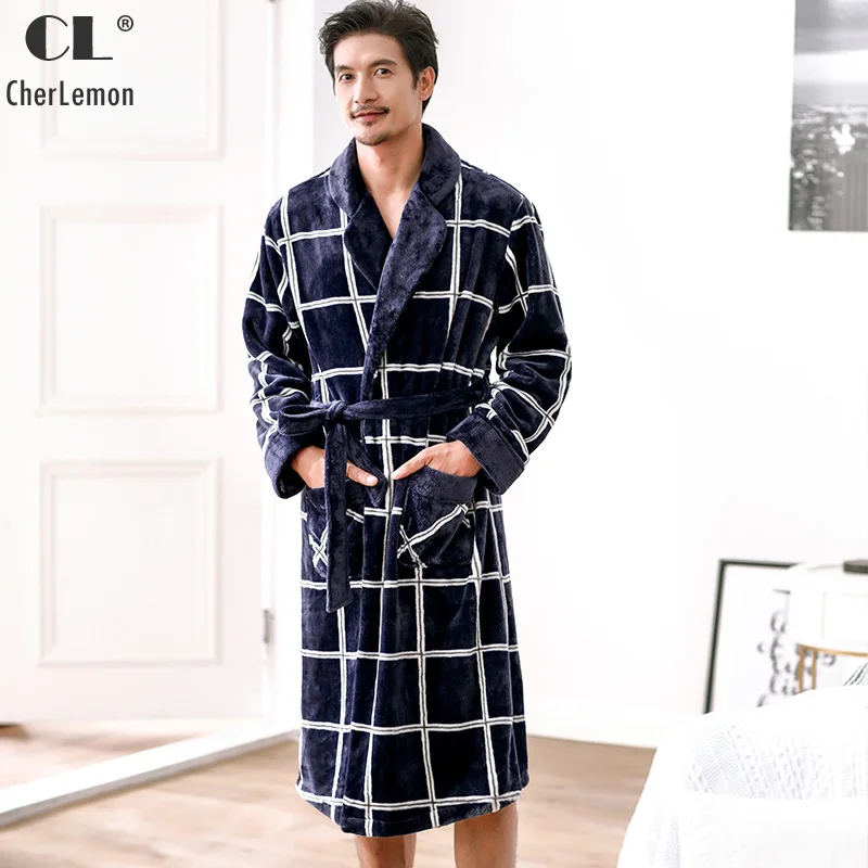CherLemon Super Soft Cozy Mens Robe Winter Warm Coral Fleece Pajamas