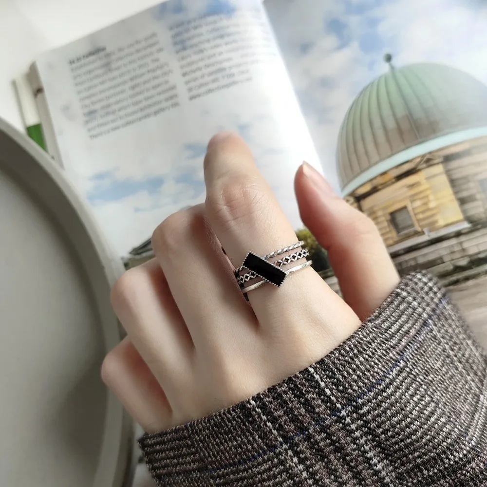 Amaiyllis 925 Sterling Silver Vintage black Silicone Open Rings For Women Thread Ring Weddings Party Jewelry us298 | Украшения и