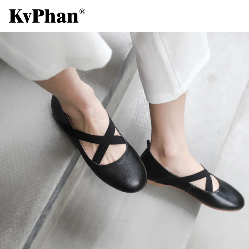

KvPhan Hot Women Cow Leather Ballet Flats 2018 Spring Autumn Elastic Strap Women Shoes Back Slip-on Casual Black Fat Shoes Woman