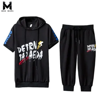 

2018 Summer New High Street Casual Print Short-sleeved Hooded Men Tracksuit Fashion Loose Cotton Breathable Jogger Sportswear