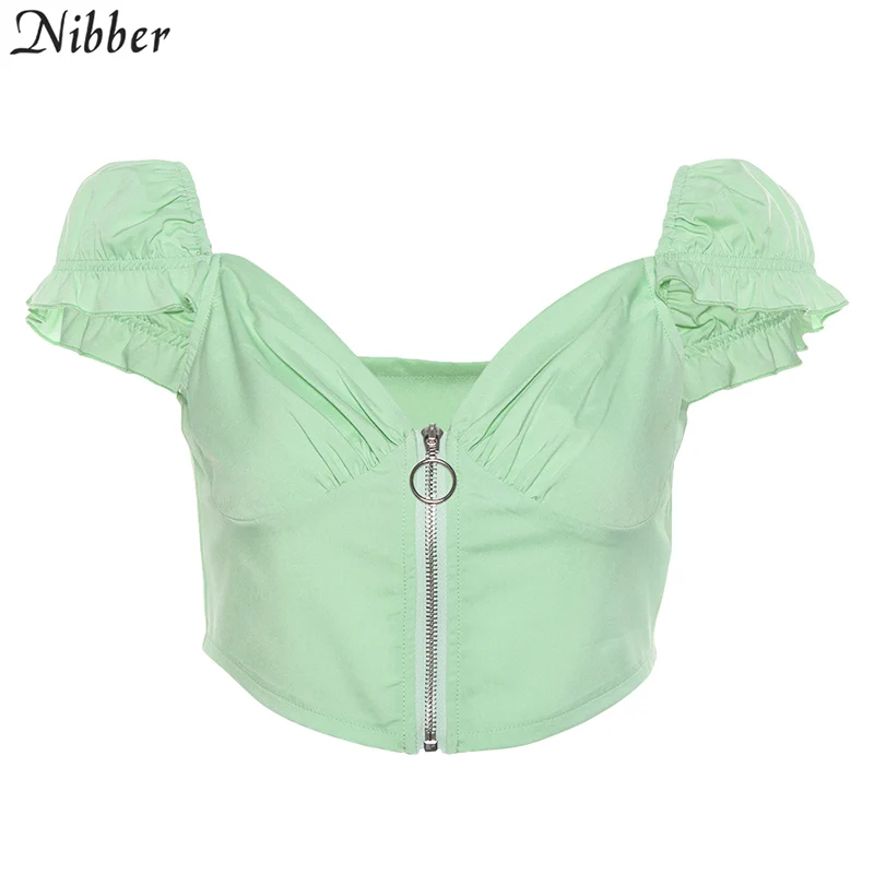 Nibber/французские романтические укороченные топы с низким вырезом; женские летние футболки; женские элегантные пляжные однотонные топы для отдыха и отдыха; teeshirt mujer - Цвет: Мятный