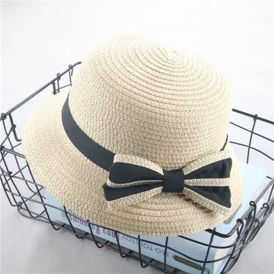 Летние детские соломенные шляпы «Fedora» с бантиком-бабочкой, Детская шляпа с козырьком, Пляжная Солнцезащитная шляпа для маленьких девочек с широкими полями, Панама для девочек - Цвет: beige