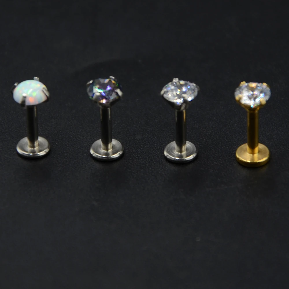 1Pc 2-4mm Surgial Steel Internally Thread Opal Zircon Stone Labret Lip Stud Ear Cartilage Helix Studs Piercing Body Jewelry 16g