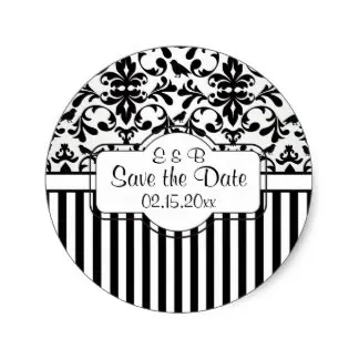 3 8cm black white damask swirls stripes save the date classic round