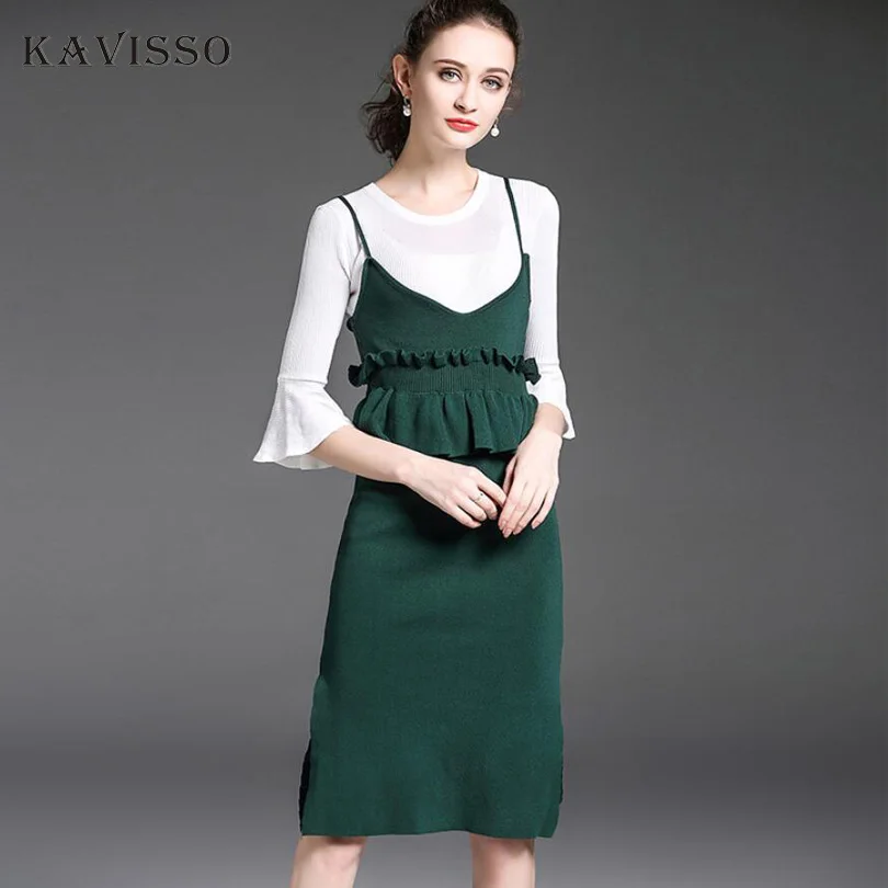 

KAVISSO Women Autumn Winter Knitted Sweater Sling Dresses and Slim Round Neck Sweater Two Piece Set Dresses